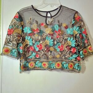 SHEIN Sheer Crop Top with Floral Embroidery